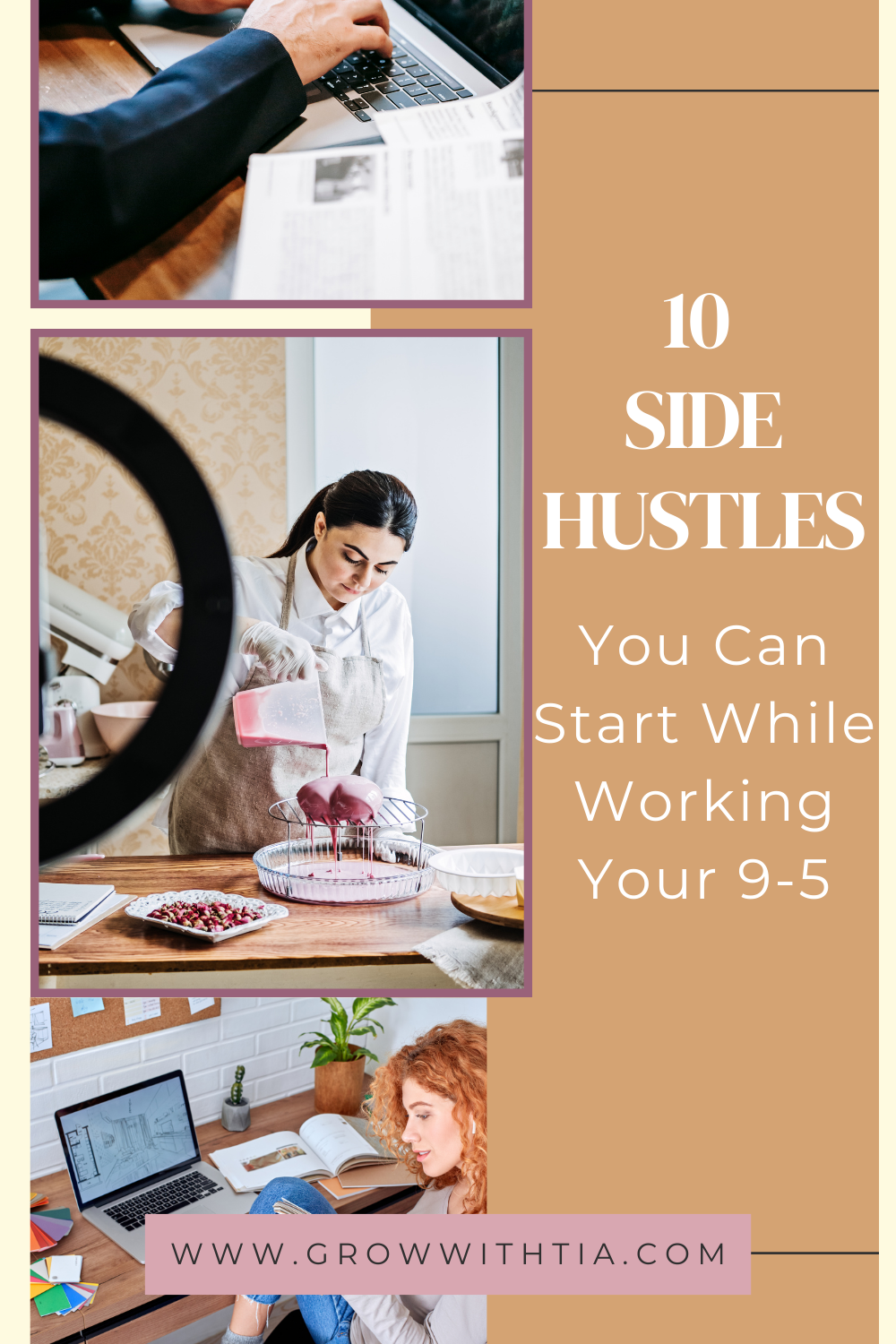 10 Side Hustles 1 Pinterest pin with the title ‘10 Side Hustles You Can Start Without Quitting Your 9–5 Job’ over a photo of a woman working at a laptop in a cozy home office.
