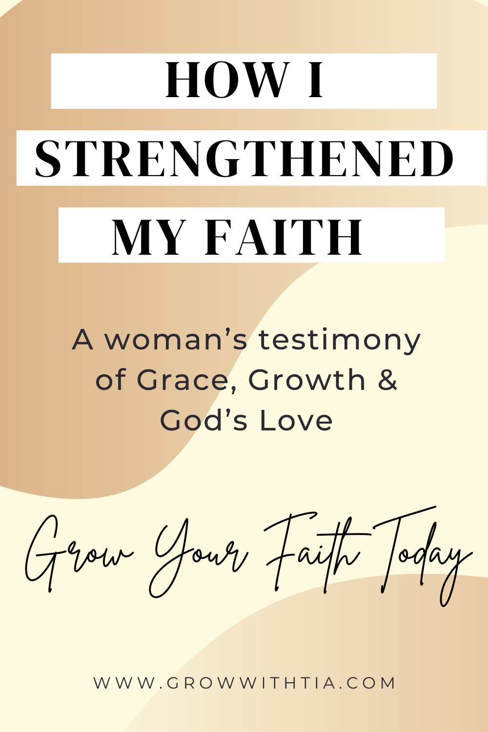 Journey to Faith 2 How I Strengthened My Faith Through Life’s Storms – A Christian Woman’s Testimony' featuring a soft background of a Bible and journal. Encourages Christian women to read a personal faith journey and grow closer to God through Scripture, prayer, and daily habits.
