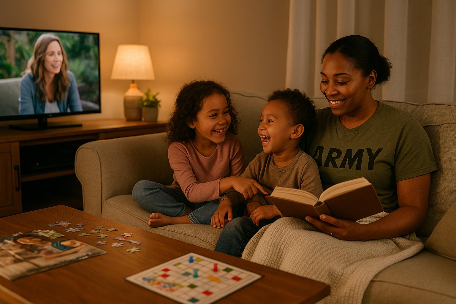 An African American military mom in an “Army” t-shirt relaxes on the couch with her two young children, smiling as they enjoy a book together. A puzzle and board game sit on the coffee table, while a TV plays softly in the background, capturing a cozy and joyful family moment during evening wind-down.